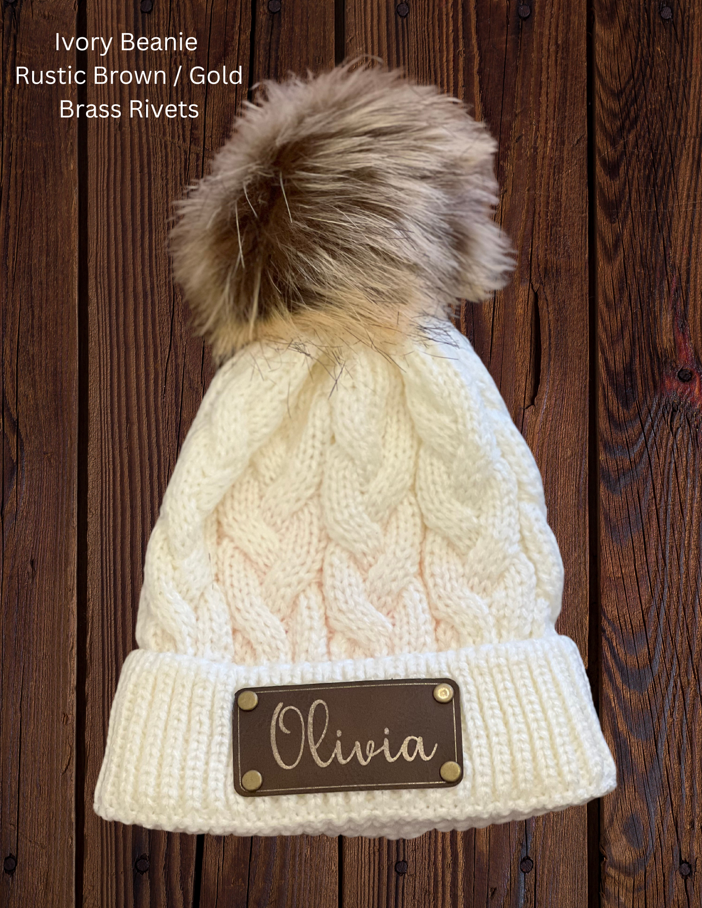 Custom Pom Pom Baby Beanie with Personalized Name or Monogram Initials on Leather Patch with Rivets