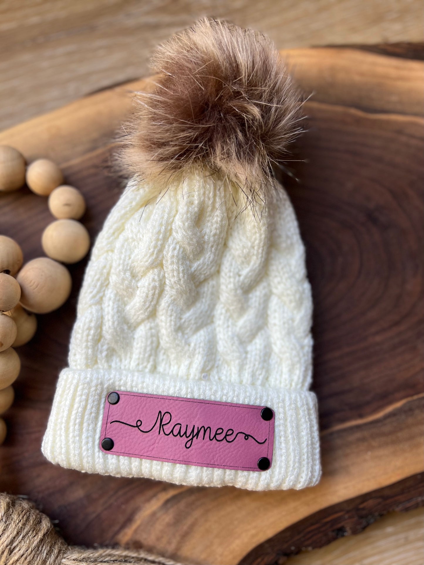 Custom Pom Pom Baby Beanie with Personalized Name or Monogram Initials on Leather Patch with Rivets