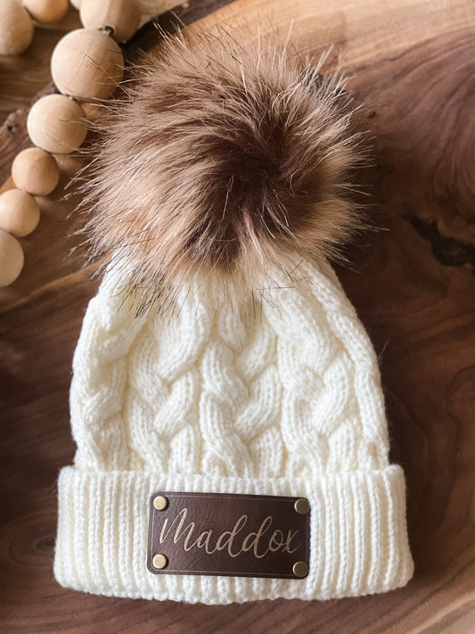 Custom Pom Pom Baby Beanie with Personalized Name or Monogram Initials on Leather Patch with Rivets