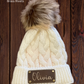 Custom Pom Pom Baby Beanie with Personalized Name or Monogram Initials on Leather Patch with Rivets
