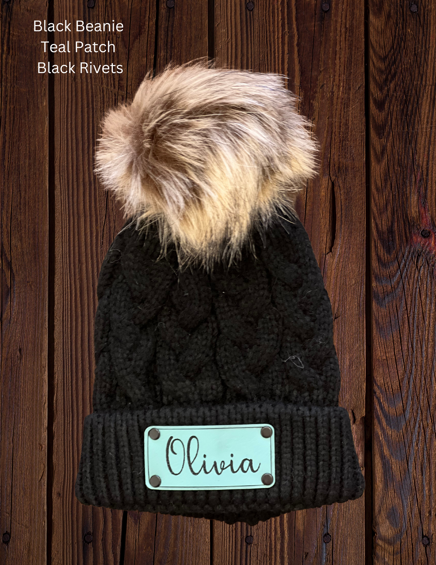 Custom Pom Pom Baby Beanie with Personalized Name or Monogram Initials on Leather Patch with Rivets