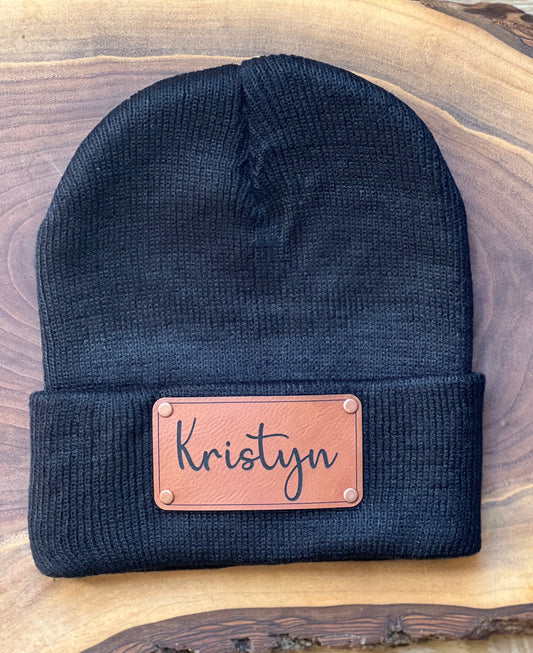 Custom Adult Beanies - Personalized leather patches with rivets