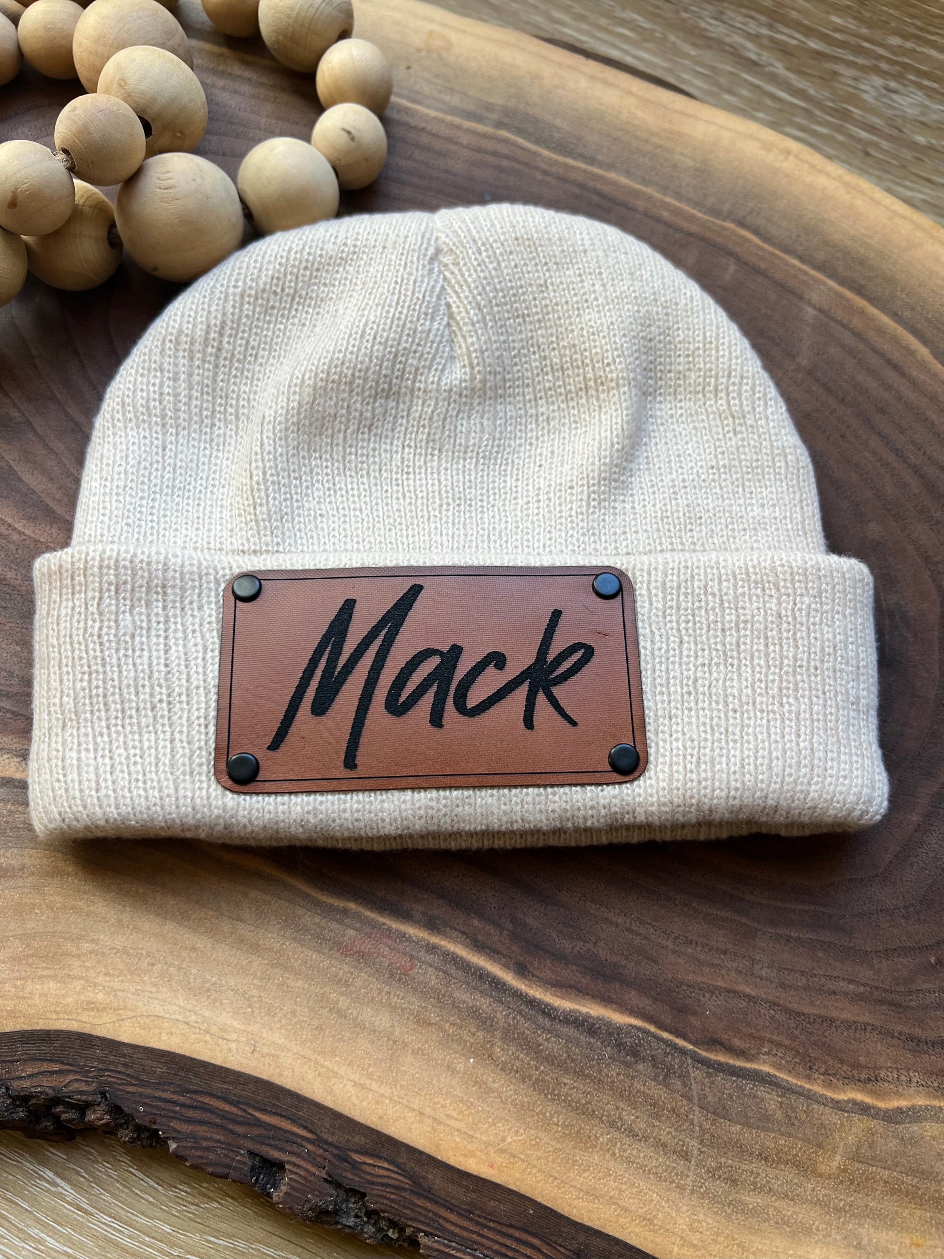 Custom Adult Beanies - Personalized Leather Patches with Rivets Khaki
